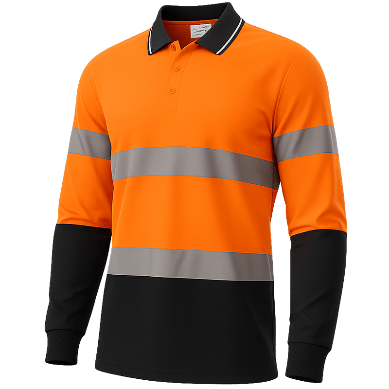 Polo de Travail Haute Visibilité Orange Fluorescent et Noir Manches Longues
