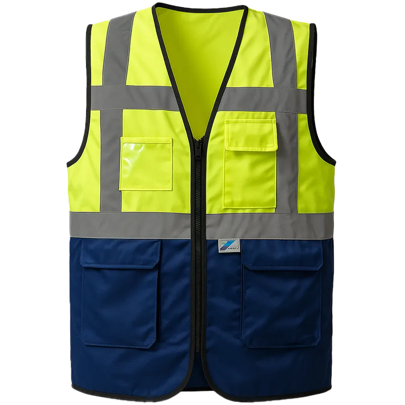 Gilet HV multipoches bicolore classe 1 – Jaune et bleu marine