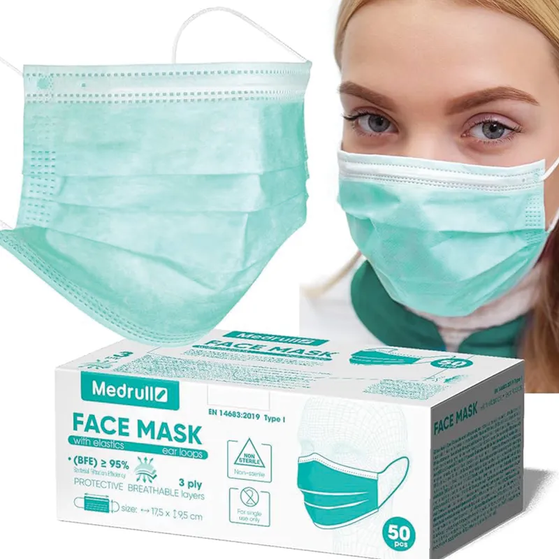Masque jetable 3 plis type I, boîte de 50 – Vert