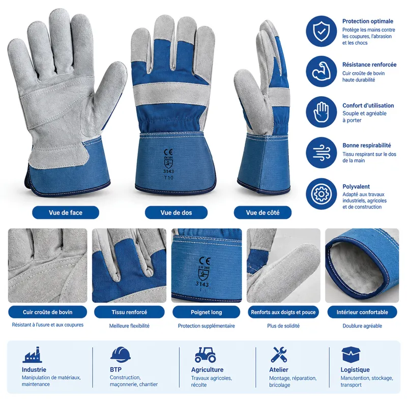 Gants docker en cuir 3242B – Gris, manchette bleue