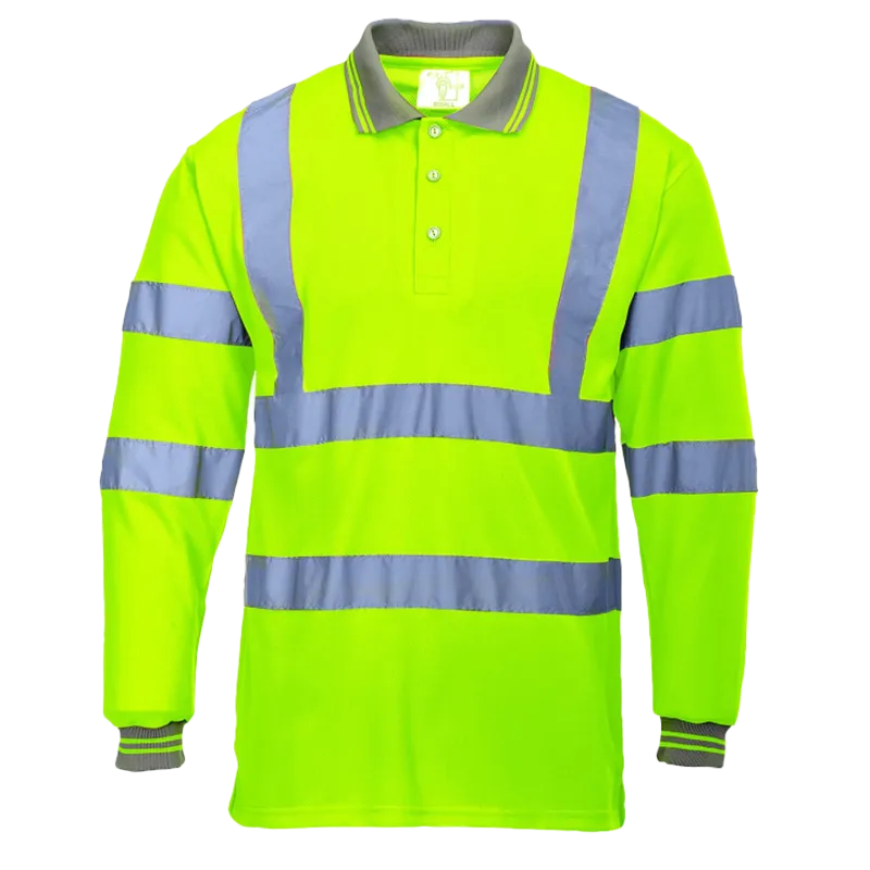 Polo HV manches longues col rayé – Jaune fluo et gris
