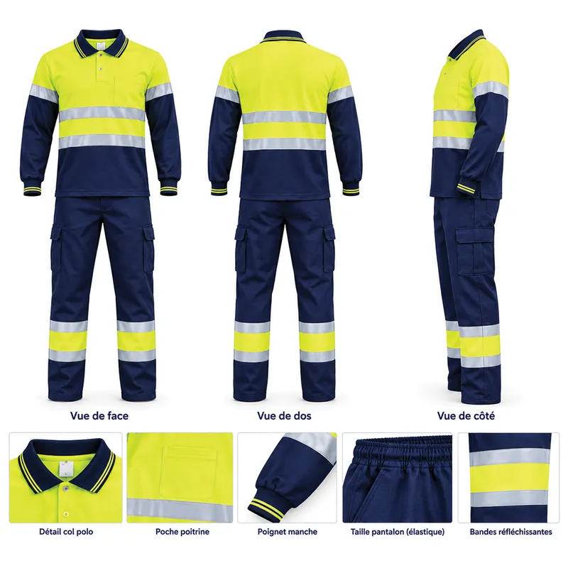 Ensemble de travail HV polo et pantalon classe 2 – Jaune fluo et bleu marine