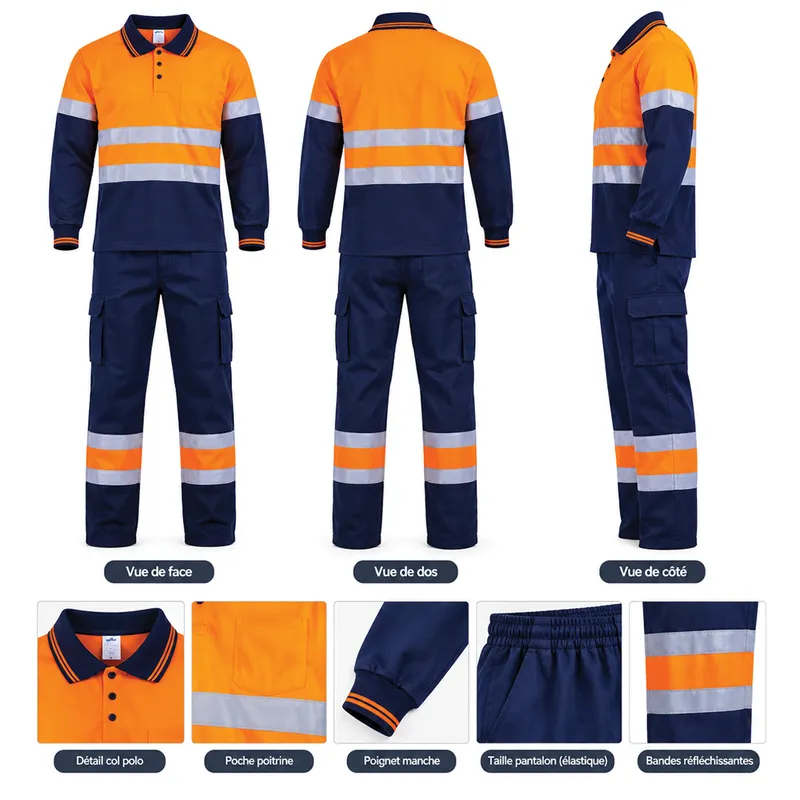 Ensemble de travail HV polo et pantalon classe 2 – Orange fluo et bleu marine
