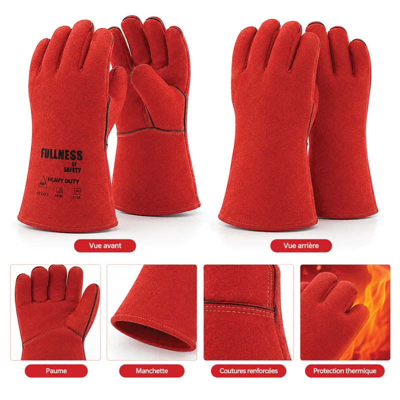 Gants de soudeur anti-chaleur en cuir 4123 – Rouge